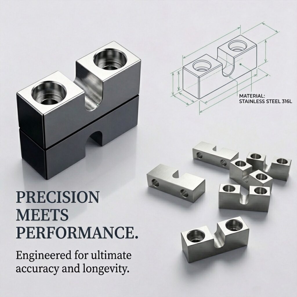Custom U-Type Step Block made of 316L Stainless Steel - Precision machined step clamping blocks for CNC machine workholding and fixturing, with size reference drawing
