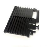 Custom black plastic heatsink frame with parallel cooling fins – front view